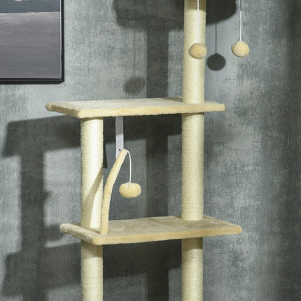 6-Tier Floor to Ceiling Cat Tree Climbing Tower with Scratching Posts and Platforms - Beige