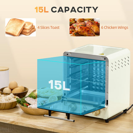 15L Convection Mini Oven with Grill, Adjustable Temperature & Timer, 1000W - Cream White
