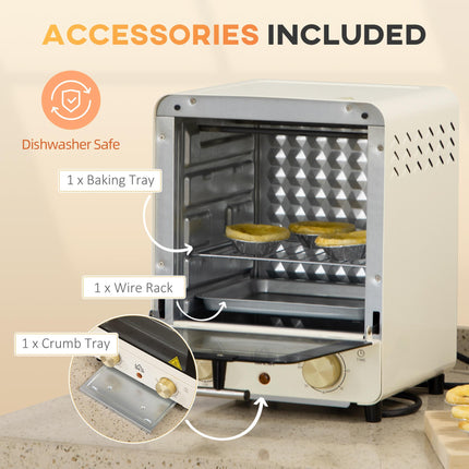 15L Convection Mini Oven with Grill, Adjustable Temperature & Timer, 1000W - Cream White