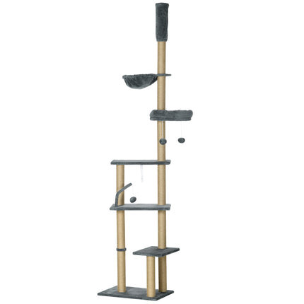 Floor to Ceiling 6-Tier Cat Tree Climbing Tower with Scratching Post & Hammock, Adjustable 230-250cm - Grey