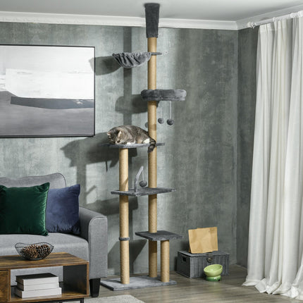 Floor to Ceiling 6-Tier Cat Tree Climbing Tower with Scratching Post & Hammock, Adjustable 230-250cm - Grey