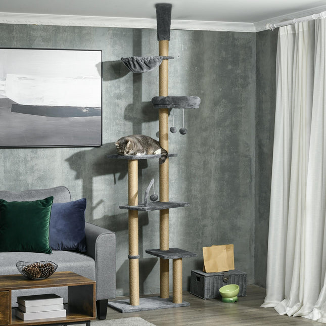 Floor to Ceiling 6-Tier Cat Tree Climbing Tower with Scratching Post & Hammock, Adjustable 230-250cm - Grey