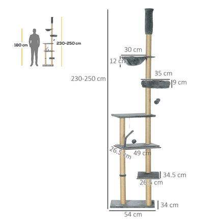 Floor to Ceiling 6-Tier Cat Tree Climbing Tower with Scratching Post & Hammock, Adjustable 230-250cm - Grey
