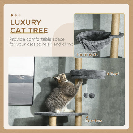 Floor to Ceiling 6-Tier Cat Tree Climbing Tower with Scratching Post & Hammock, Adjustable 230-250cm - Grey