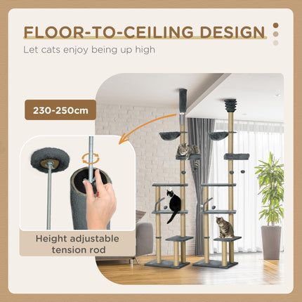 Floor to Ceiling 6-Tier Cat Tree Climbing Tower with Scratching Post & Hammock, Adjustable 230-250cm - Grey
