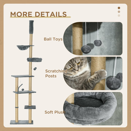 Floor to Ceiling 6-Tier Cat Tree Climbing Tower with Scratching Post & Hammock, Adjustable 230-250cm - Grey