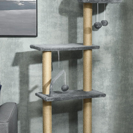 Floor to Ceiling 6-Tier Cat Tree Climbing Tower with Scratching Post & Hammock, Adjustable 230-250cm - Grey