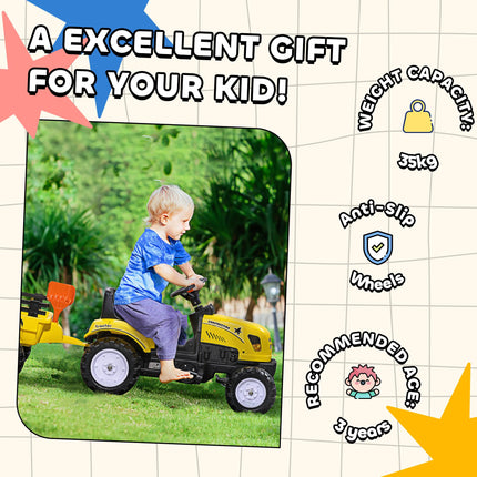 Pedal Go Kart Ride-On Tractor with Shovel & Rake, Four Wheels - Yellow and Black