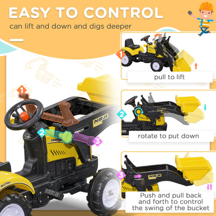 Pedal Go Kart Ride-On Excavator with Front Loader Digger for 3 Years Old - Yellow and Black