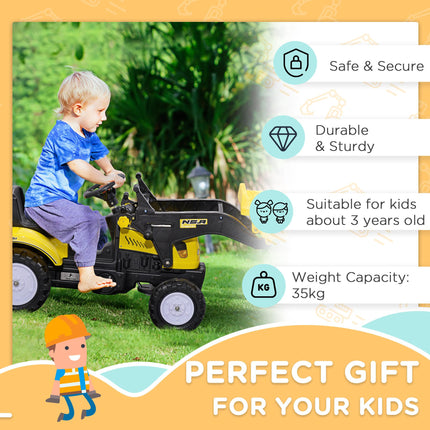 Pedal Go Kart Ride-On Excavator with Front Loader Digger for 3 Years Old - Yellow and Black