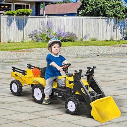 Kids Pedal Go Kart Excavator Ride-On with Trailer - Yellow