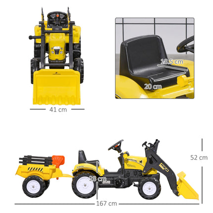 Kids Pedal Go Kart Excavator Ride-On with Trailer - Yellow