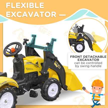 Kids Pedal Go Kart Excavator Ride-On with Trailer - Yellow
