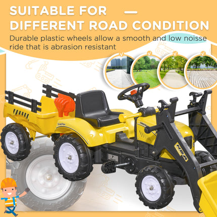 Kids Pedal Go Kart Excavator Ride-On with Trailer - Yellow