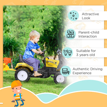 Kids Pedal Go Kart Excavator Ride-On with Trailer - Yellow