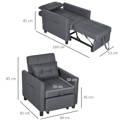3-in-1 Folding Sofa Bed with Adjustable Backrest, Pull Out Single Sleeper, Pillow & Side Pockets - Grey