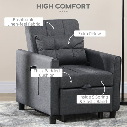 3-in-1 Folding Sofa Bed with Adjustable Backrest, Pull Out Single Sleeper, Pillow & Side Pockets - Grey