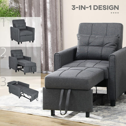 3-in-1 Folding Sofa Bed with Adjustable Backrest, Pull Out Single Sleeper, Pillow & Side Pockets - Grey
