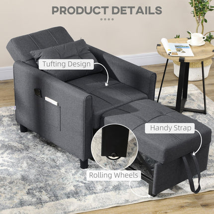 3-in-1 Folding Sofa Bed with Adjustable Backrest, Pull Out Single Sleeper, Pillow & Side Pockets - Grey