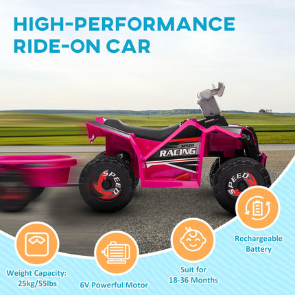 6V Electric Quad Bike with Back Trailer for Toddlers 18-36 Months - Pink