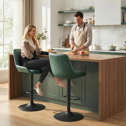 Set of 2 Adjustable Retro Swivel Bar Stools with High Back - Green