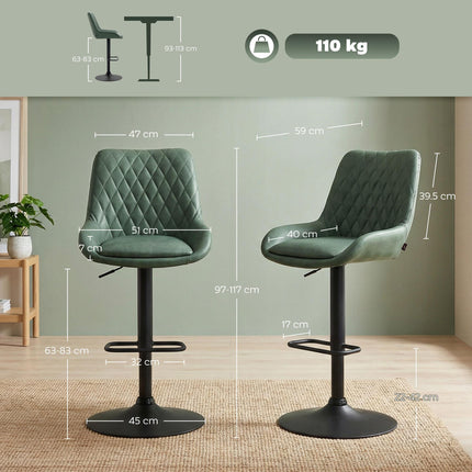 Set of 2 Adjustable Retro Swivel Bar Stools with High Back - Green