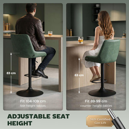 Set of 2 Adjustable Retro Swivel Bar Stools with High Back - Green