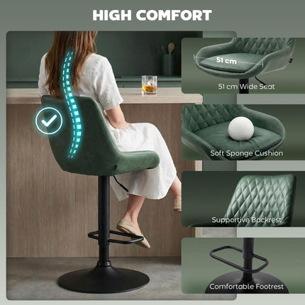 Set of 2 Adjustable Retro Swivel Bar Stools with High Back - Green