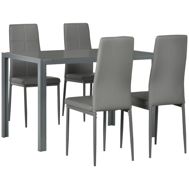 5-Piece Kitchen Dining Table Set with 4 Faux Leather Metal Chairs and Glass Tabletop - Grey