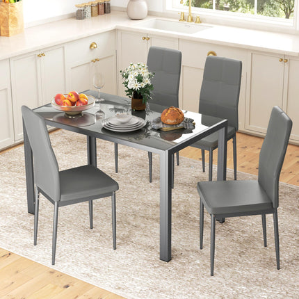 5-Piece Kitchen Dining Table Set with 4 Faux Leather Metal Chairs and Glass Tabletop - Grey