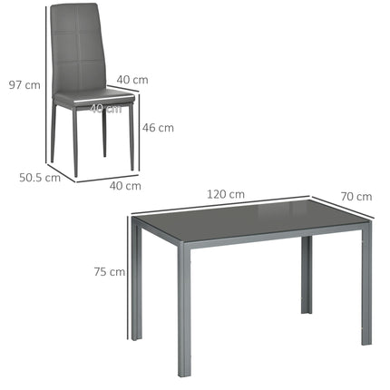 5-Piece Kitchen Dining Table Set with 4 Faux Leather Metal Chairs and Glass Tabletop - Grey