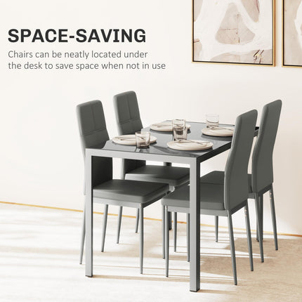 5-Piece Kitchen Dining Table Set with 4 Faux Leather Metal Chairs and Glass Tabletop - Grey