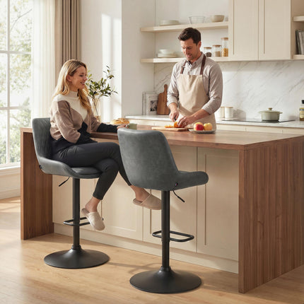 Set of 2 Adjustable Retro Bar Stools with Upholstered Seats - Dark Grey