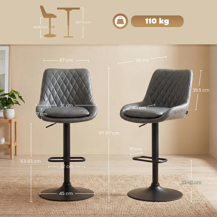 Set of 2 Adjustable Retro Bar Stools with Upholstered Seats - Dark Grey