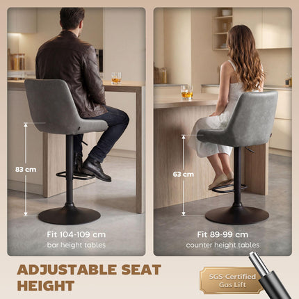 Set of 2 Adjustable Retro Bar Stools with Upholstered Seats - Dark Grey