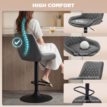Set of 2 Adjustable Retro Bar Stools with Upholstered Seats - Dark Grey