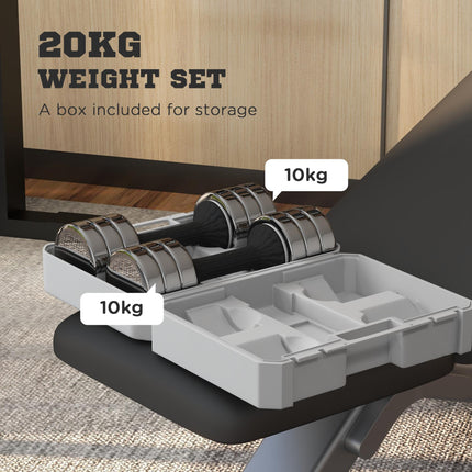 Set of 2 Adjustable 10kg Dumbbells with Galvanised Storage Box - Silver Black