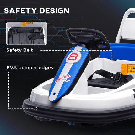 Electric Kids 6V Bumper Car with 360° Rotation, Music, Horn & Lights for 18-48 Months - White Blue Black