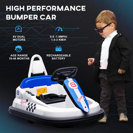 Electric Kids 6V Bumper Car with 360° Rotation, Music, Horn & Lights for 18-48 Months - White Blue Black