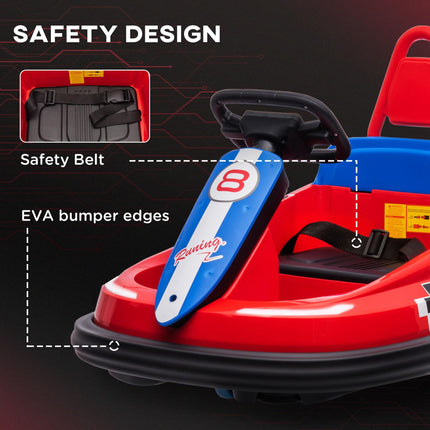 Electric Kids 6V Battery Powered Bumper Car with 360° Rotation, 2 Speeds, Music for 18-48 Months - Red