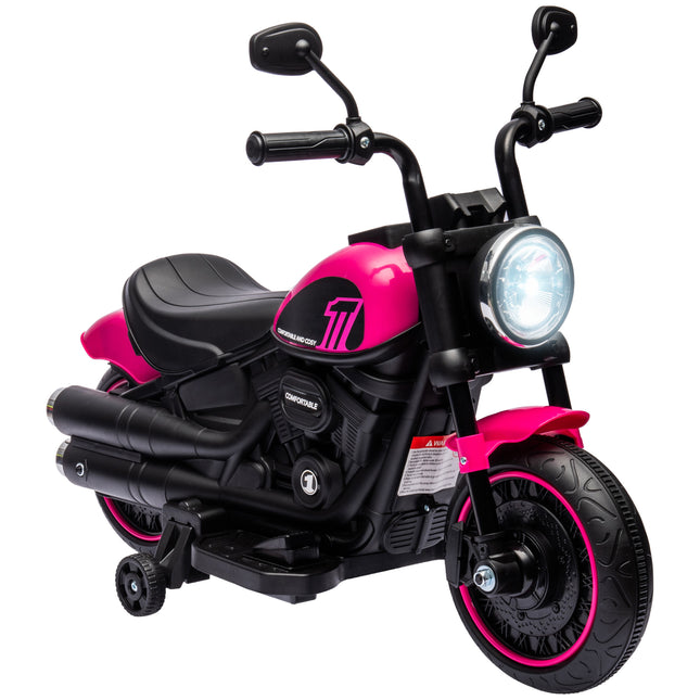 6V Electric Motorbike with Training Wheels and One-Button Start - Pink