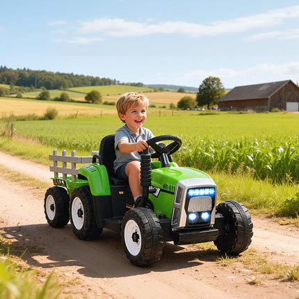 12V Electric Ride-On Tractor with Detachable Trailer, Remote Control & Music for Kids 3-6 - Green