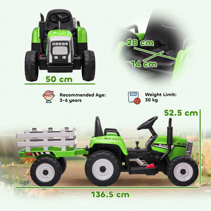 12V Electric Ride-On Tractor with Detachable Trailer, Remote Control & Music for Kids 3-6 - Green