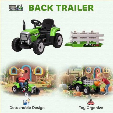 12V Electric Ride-On Tractor with Detachable Trailer, Remote Control & Music for Kids 3-6 - Green