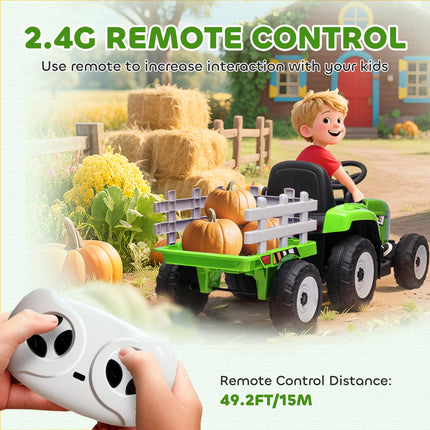 12V Electric Ride-On Tractor with Detachable Trailer, Remote Control & Music for Kids 3-6 - Green