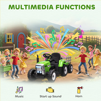12V Electric Ride-On Tractor with Detachable Trailer, Remote Control & Music for Kids 3-6 - Green