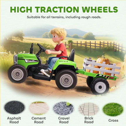 12V Electric Ride-On Tractor with Detachable Trailer, Remote Control & Music for Kids 3-6 - Green