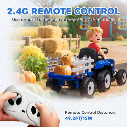 12V Electric Ride-On Tractor with Detachable Trailer, Remote Control & Music - Blue