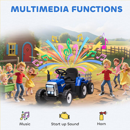 12V Electric Ride-On Tractor with Detachable Trailer, Remote Control & Music - Blue