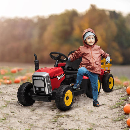 12V Electric Ride-On Tractor with Detachable Trailer, Remote Control & Music Start-Up Sound - Red/Grey/Yellow/Black